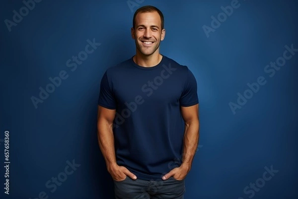 Obraz Portrait of a Fictional Smiling Handsome Male Model Wearing a Navy Blue T-Shirt. Isolated on a Plain Colored Background. Generative AI.
