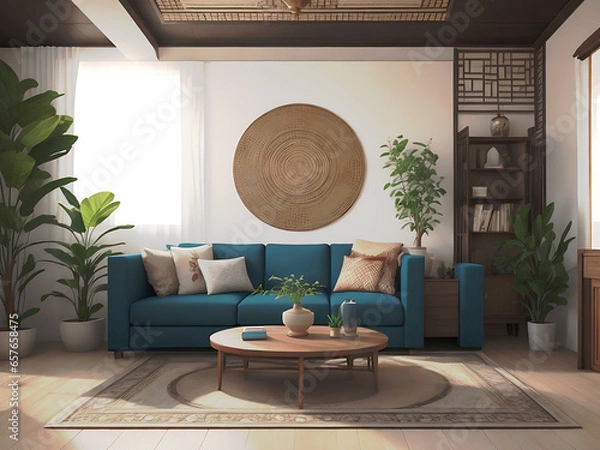 Obraz Home mockup, living room in Japandi style, 3d render