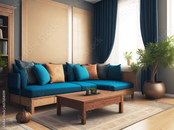 Obraz Home mockup, living room in Japandi style, 3d render