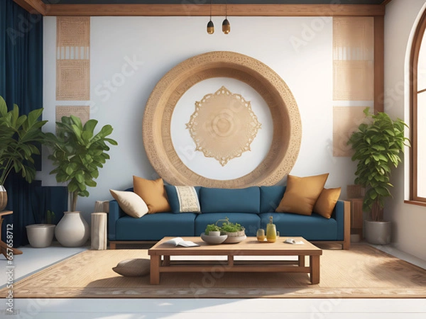 Obraz Home mockup, living room in Japandi style, 3d render