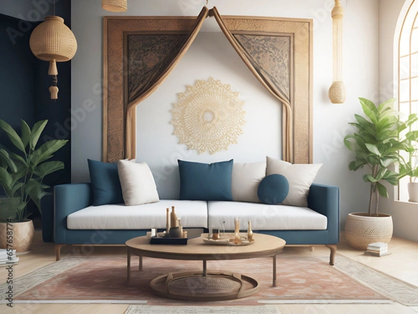 Obraz Home mockup, living room in Japandi style, 3d render