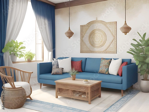 Obraz Home mockup, living room in Japandi style, 3d render