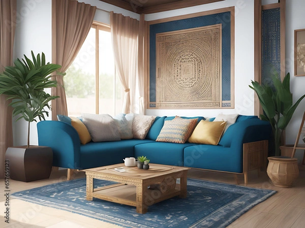 Obraz Home mockup, living room in Japandi style, 3d render