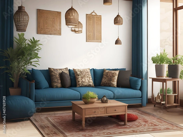 Obraz Home mockup, living room in Japandi style, 3d render