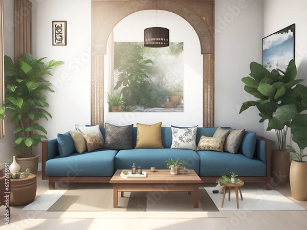 Obraz Home mockup, living room in Japandi style, 3d render