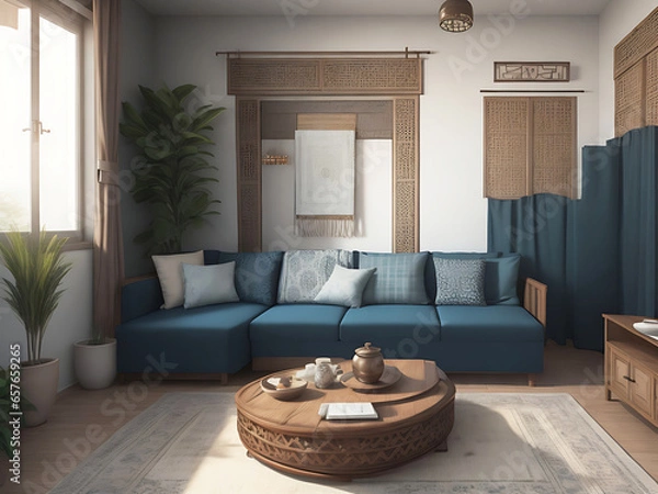 Obraz Home mockup, living room in Japandi style, 3d render