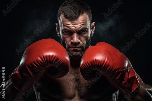 Fototapeta Generative AI photo of strong successful professional boxer fighting boxing pose and angry face in a ring