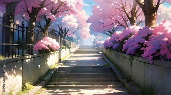 Obraz アニメ背景_桜並木の道_02