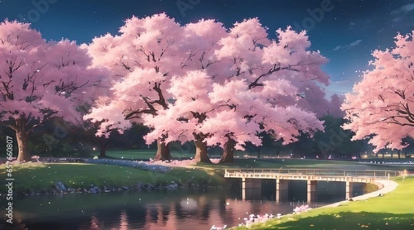 Obraz アニメ背景_日本の夜桜_01