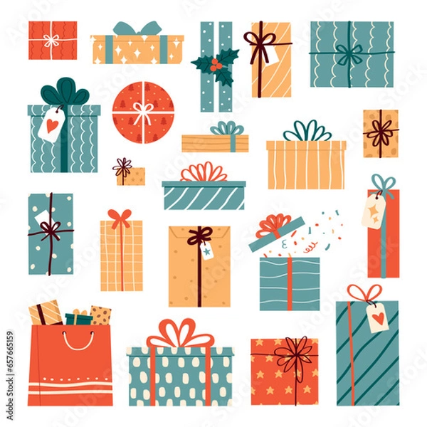 Obraz Set of gift boxes. Flat vector illustration isolated on white background.