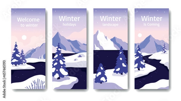 Obraz Set of winter banners. Snowy winter landscape. Flat vector illustration