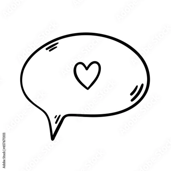 Fototapeta Thinking bubble icon with heart. Speech cloud in doodle style. Vector illustration.