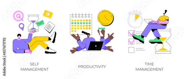 Obraz Employee performance and self-organization abstract concept vector illustration set. Self and time management, productivity, motivation software, effective job planning, control abstract metaphor.