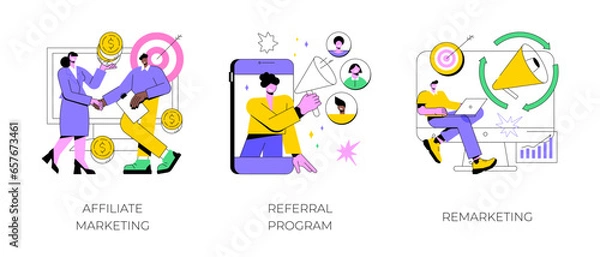 Fototapeta Internet promotion strategy abstract concept vector illustration set. Affiliate marketing, referral program, remarketing, online sales management, targeted advertising, loyalty abstract metaphor.