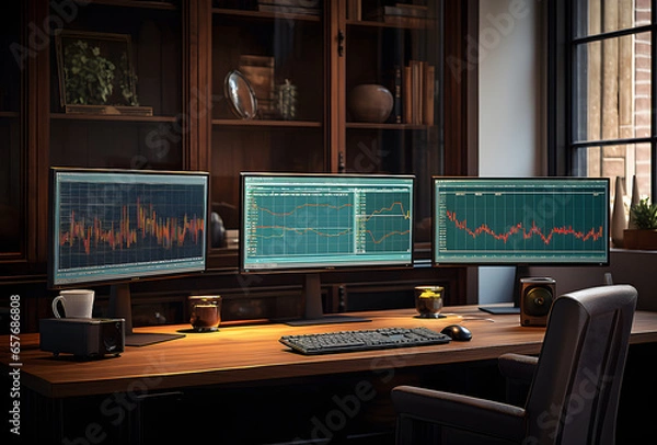 Fototapeta Three monitors with stock analysis and graphs