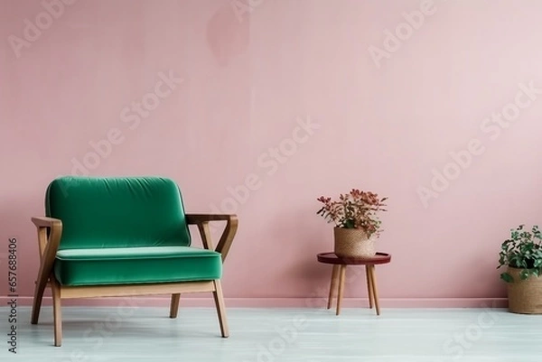 Fototapeta interior design of pink room with green armchair, rug and side table. generative ai.