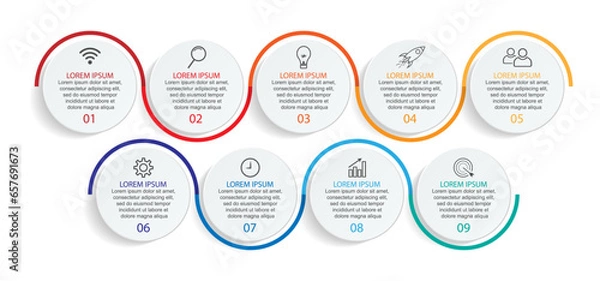 Fototapeta Business Infographic Template Design. minimal concept Timeline with 9 steps, options and marketing icons. Vector linear infographic with nine connected elements. Can be used for presentations on your 