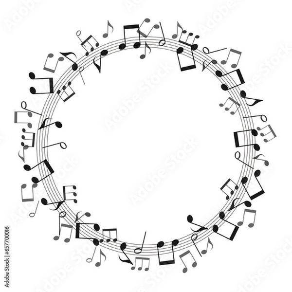 Obraz 黒い音符の円形フレーム、躍動感のある音楽背景イラスト