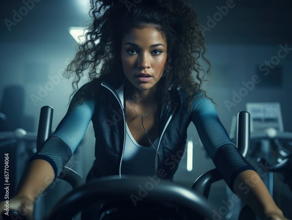Fototapeta In this close-up shot, a determined woman focuses on her cardio workout while using an exercise bike, showcasing her dedication to her health and overall wellbeing.