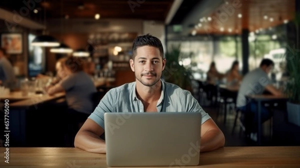 Fototapeta freelancer working on laptop in cafe and looking in camera