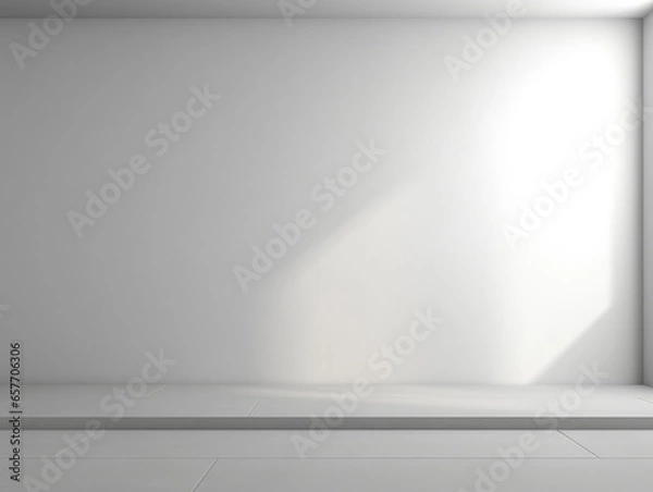 Fototapeta A superflat, light grey background designed for product presentations, featuring soft light and shadow accents from nearby windows.