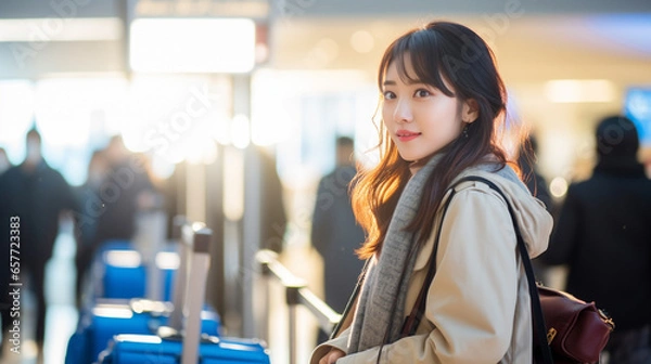 Obraz 年末年始の海外旅行のために空港で飛行機を待っている日本人女性
