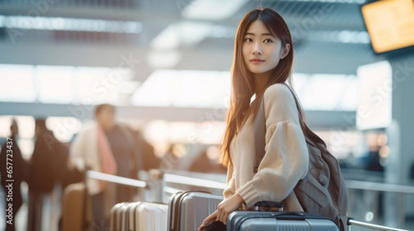 Obraz 冬の空港で出発を前に少し緊張している若い女性