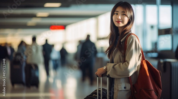 Obraz 年末年始の海外旅行のために空港で飛行機を待っている日本人女性