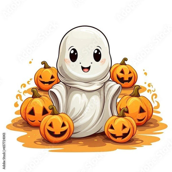 Fototapeta Halloween background cute ghost with pumpkin, Generative AI