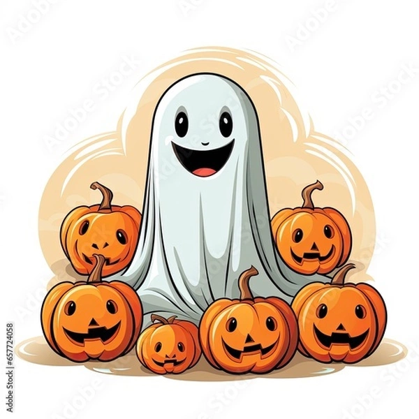 Fototapeta Halloween background cute ghost with pumpkin, Generative AI