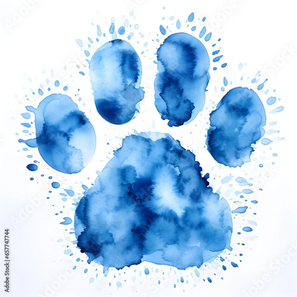 Fototapeta A blue watercolor paw print painting. Generative ai. 