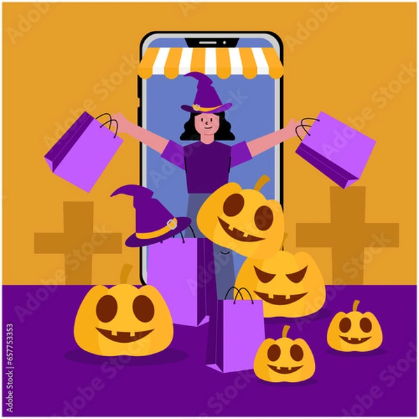 Obraz Online shopping Seasonal Shopping Bliss, Woman Enjoys Halloween-Themed Retail Therapy with Mobile and Pumpkin