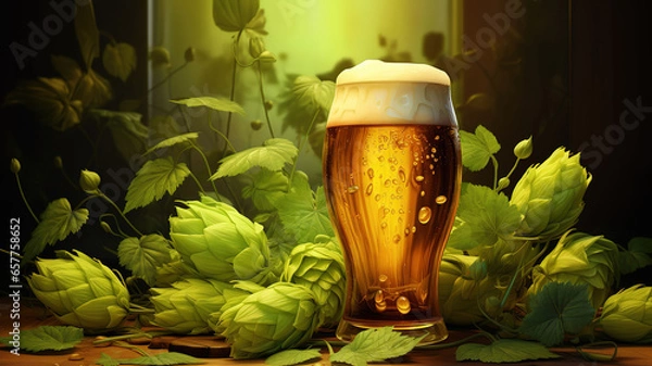Fototapeta International beer day, a glass of light hopped beer on a wooden table and green hops. Generative Ai