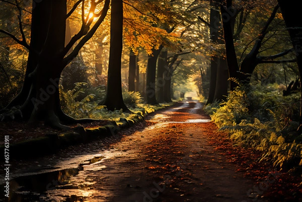 Obraz Path in an autumn forest, surrounded by colorful leaves, with a slight mist hanging between the trees