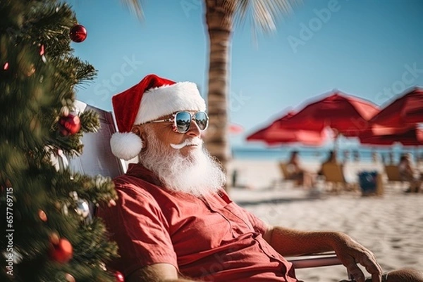 Obraz A Santa Claus sitting in a hammock sunbathing on a beach. Concept: Merry Christmas. A warm Christmas due to climate change.