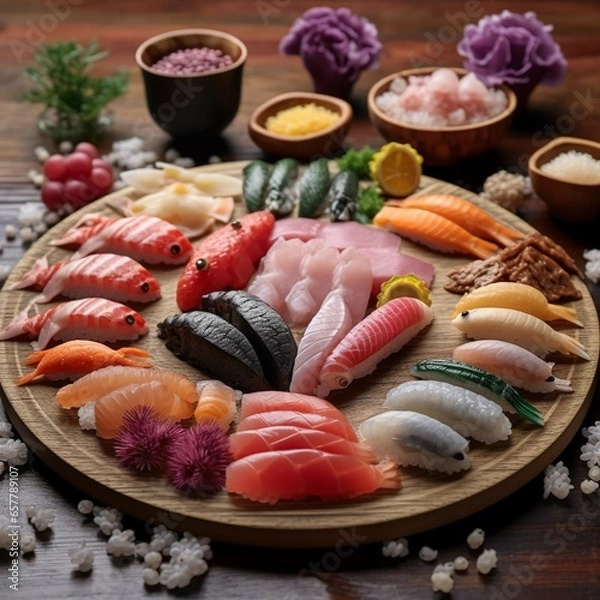 Obraz a plate of mixed nigiri sushi, highlighting a diverse assortment of fish, seafood, and toppings elegantly arranged on sushi rice