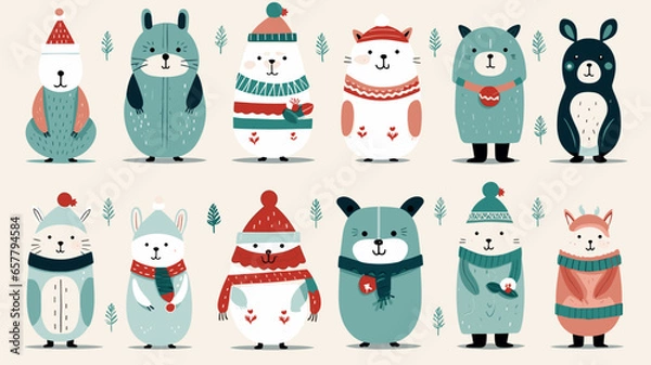 Fototapeta Christmas animals set, flat vector illustration, hand drawn style, bears, rabbits, sloths, penguins, owls and others. Cute design animals for postcard, greeting card, Christmas card. White background.