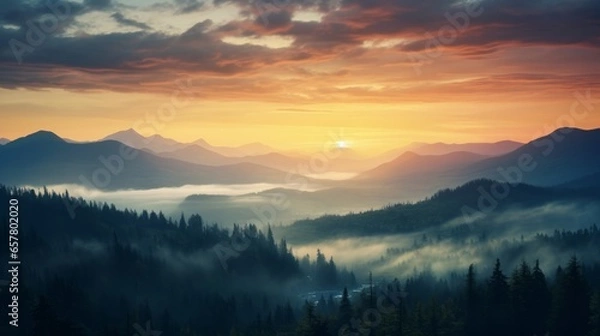 Fototapeta A stunning scene of the misty and vibrant sunset sky above a pine forest and a range of mountains during a cloudy evening.