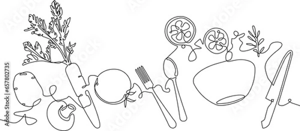 Fototapeta Horisontal continuous line drawing poster with utensils and food. Preparing the salad. Cooking process. Healthy eating. Culinary illustration. Vector background.