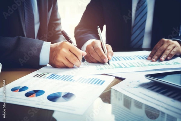 Fototapeta Administrator business man financial inspector and secretary making report, calculating balance. Internal Revenue Service checking document. Audit concept