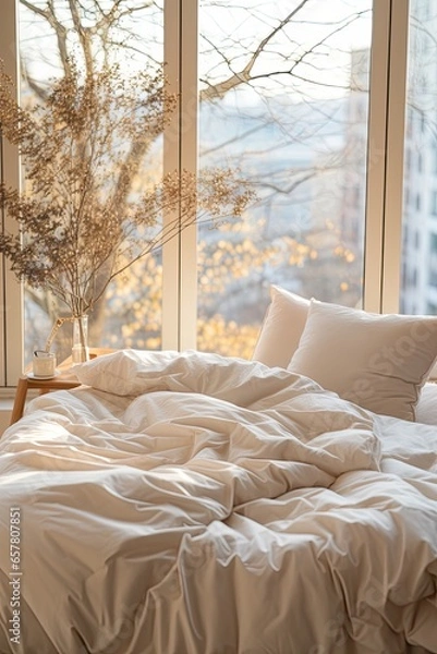 Fototapeta Bed with a lovely airy beige blanket, with copy space on a blank wall