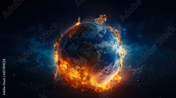 Fototapeta Earth planet burning in flames on dark background. Concept of the end of the world and global warming.