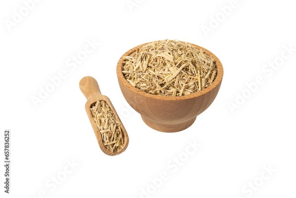 Fototapeta siberian ginseng in latin Eleutherococcus senticosus in wooden bowl and scoop isolated on white background. Medicinal herb. has a history of use in folklore and traditional Chinese medicine. 