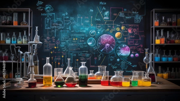 Obraz Chemistry lab set - up with glass beakers, microscopes, and colorful chemicals, against a chalkboard with chemical formulas written on it, laboratory setting, tungsten lighting