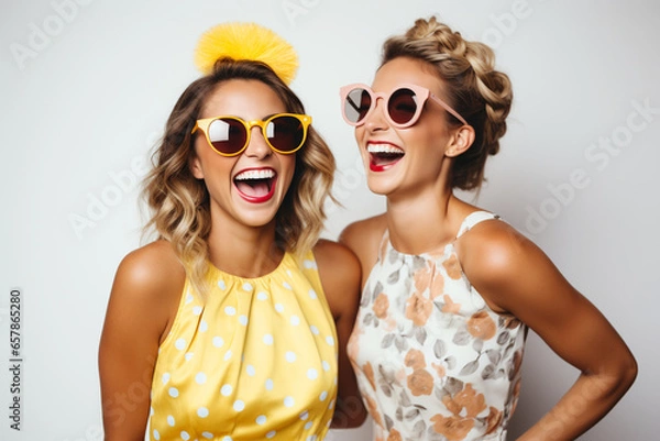 Obraz Girlfriends in a party mood with colorful short dresses making faces and using funny props for a photo booth, white background