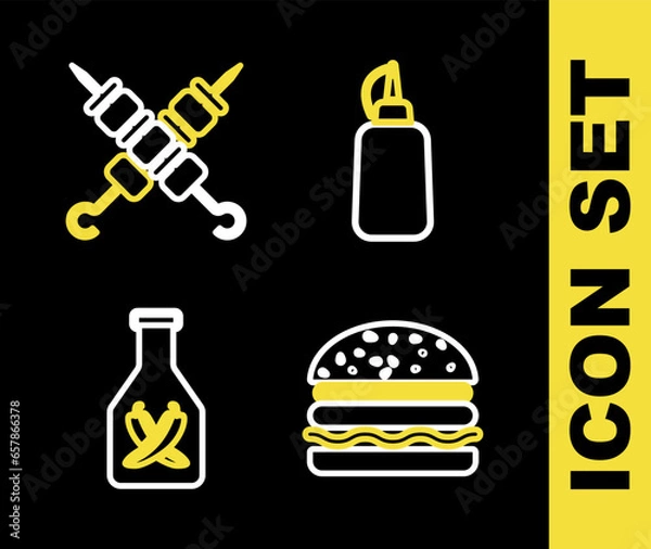 Fototapeta Set line Mustard bottle, Burger, Ketchup and Grilled shish kebab icon. Vector