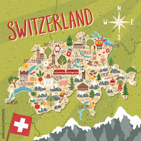 Obraz Vector stylized map of Switzerland. Travel illustration with swiss landmarks, nature, people, food and symbols.