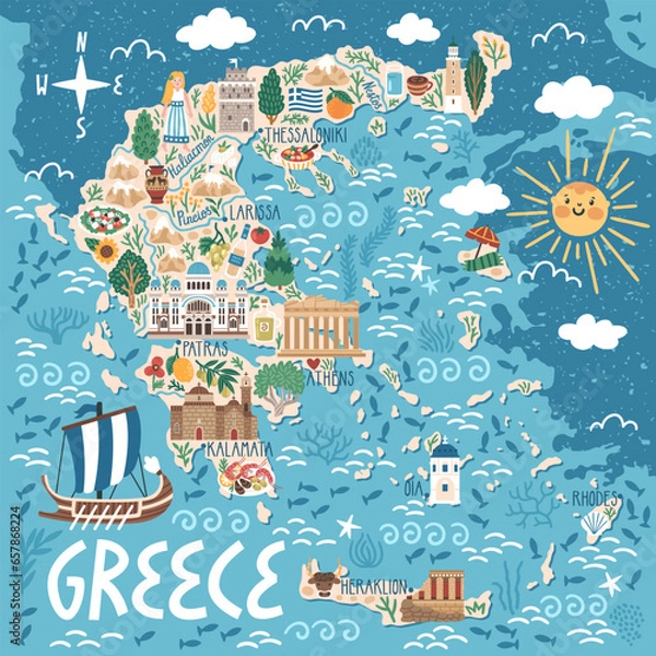 Obraz Vector stylized map of Greece. Travel illustration with greek landmarks, building, plants and traditional food.