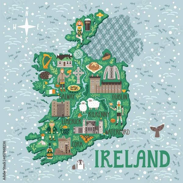 Obraz Vector stylized map of Ireland. Travel illustration with Irish castles, people, symbols, traditional food and drinks.