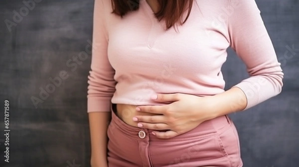 Obraz Young woman having painful stomachache. Chronic gastritis. Abdomen bloating concept.